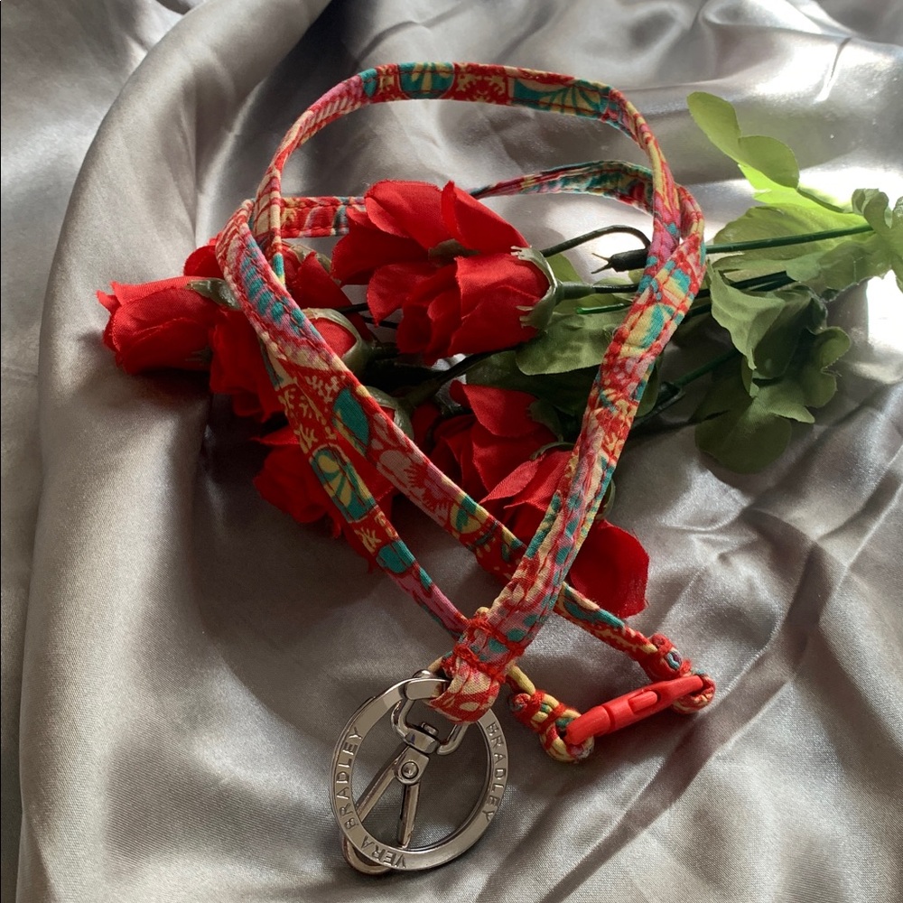 🌹VINTAGE Vera Bradley Coral Floral Keychain Necklace w/ Silver-Tone Ring Pendant